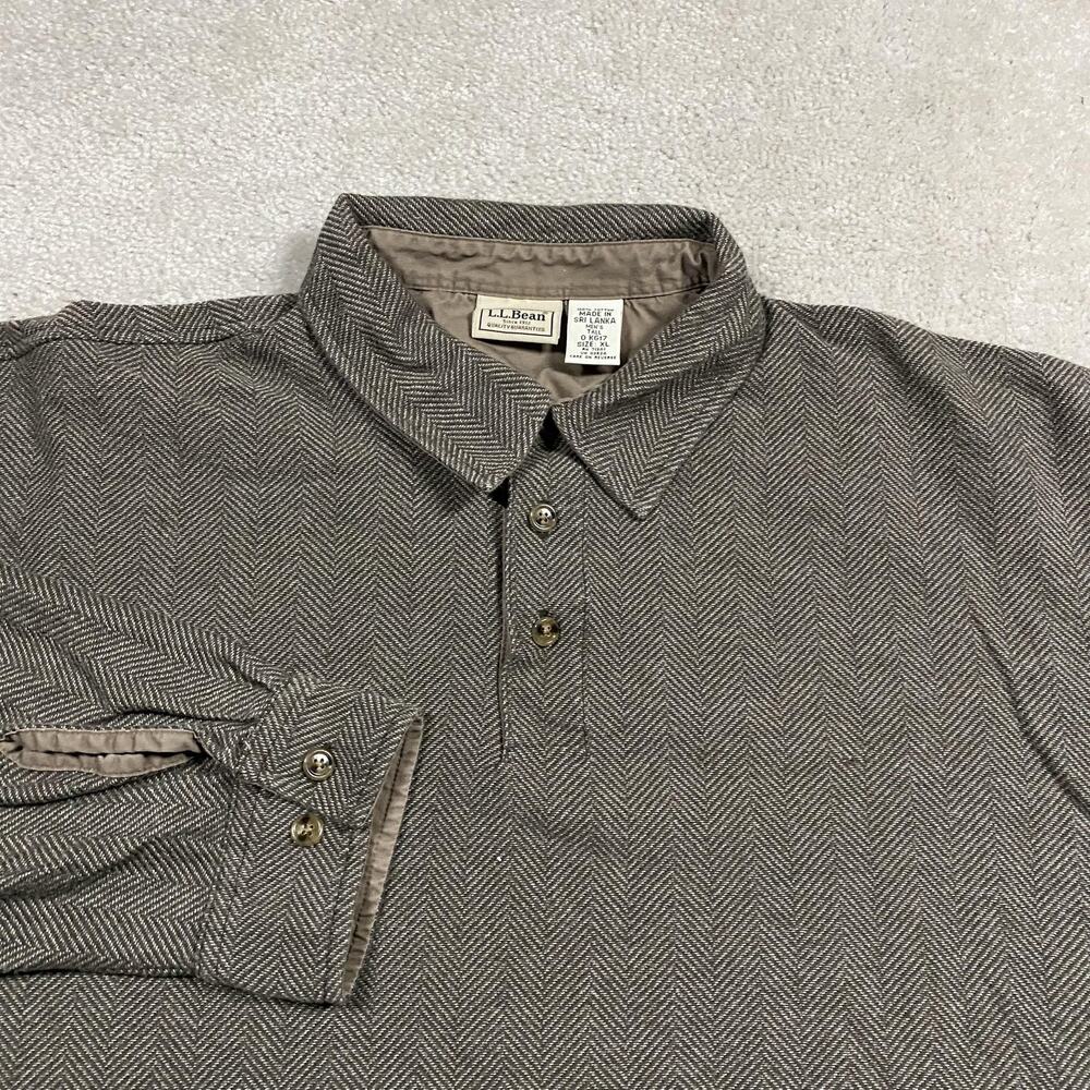 VTG L.L.Bean Polo Shirt Mens XLT Tall Long Sleeve Gray Herringbone Knit Soft